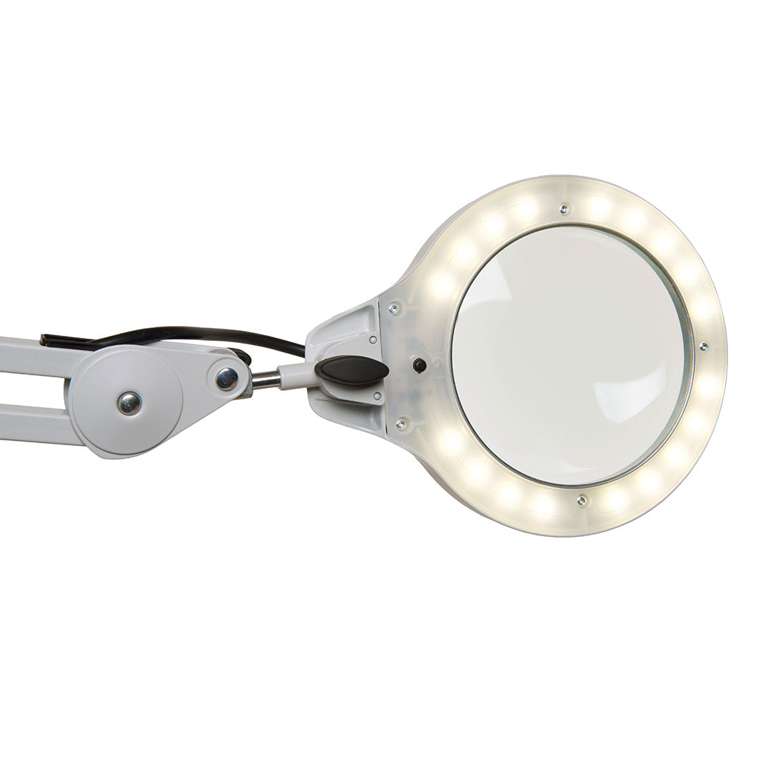 Close up the underneath of LFM LED G2 bench magnifier showing the controllable LED illumination