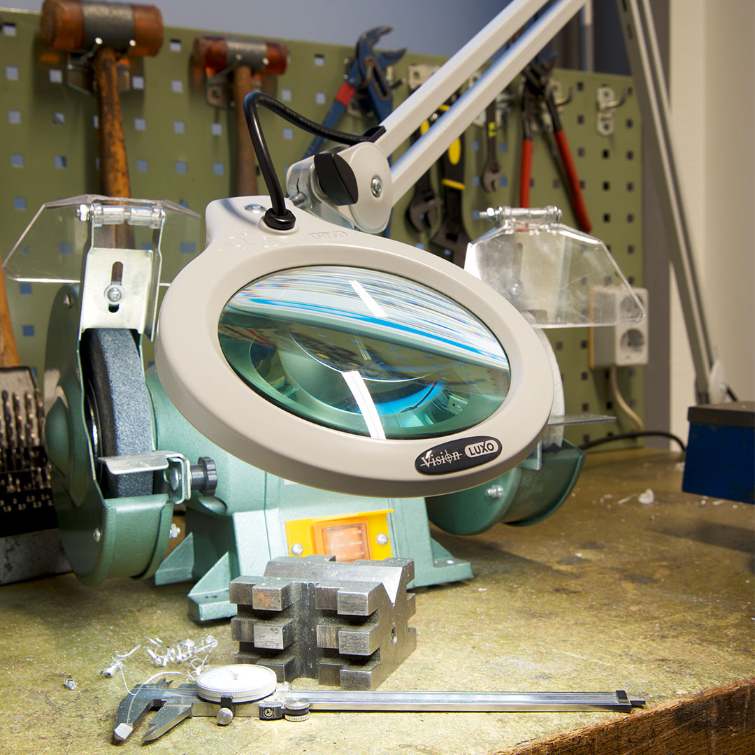 LFM LED Vision LUXO bench magnifier on workbench