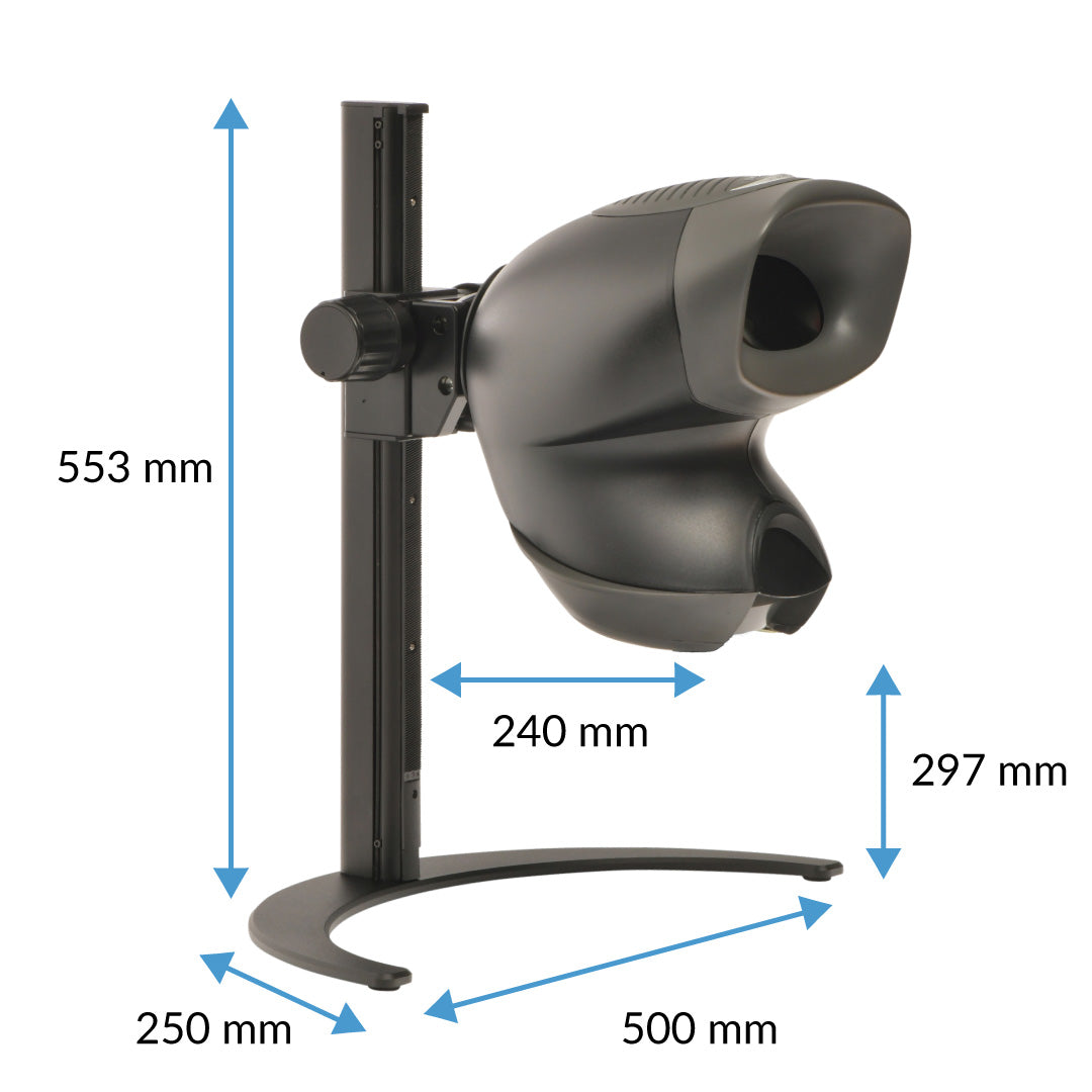 OPTA stereo microscope on crescent stand showing dimensions