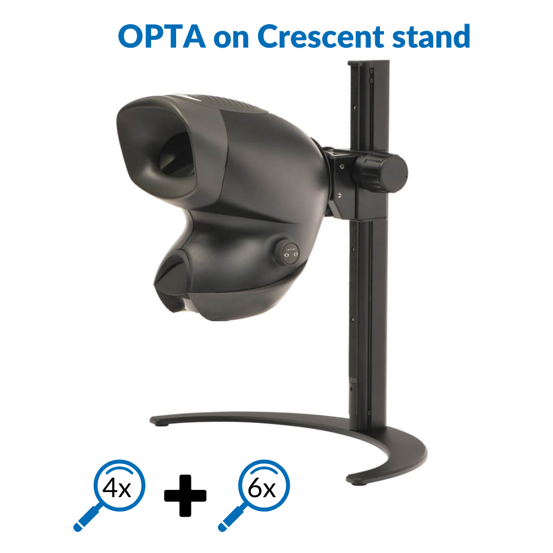 OPTA ergonomic stereo microscope on Crescent Stand