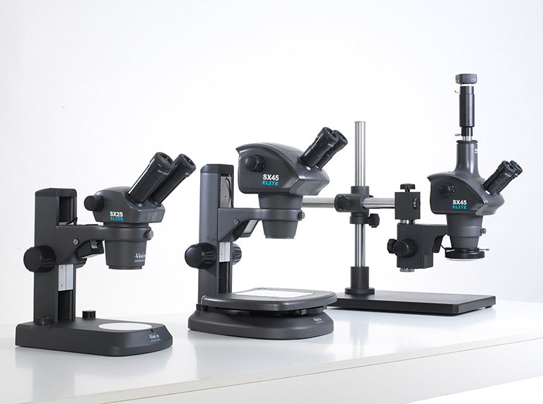 3 SX Elite stereo microscope configurations in a row