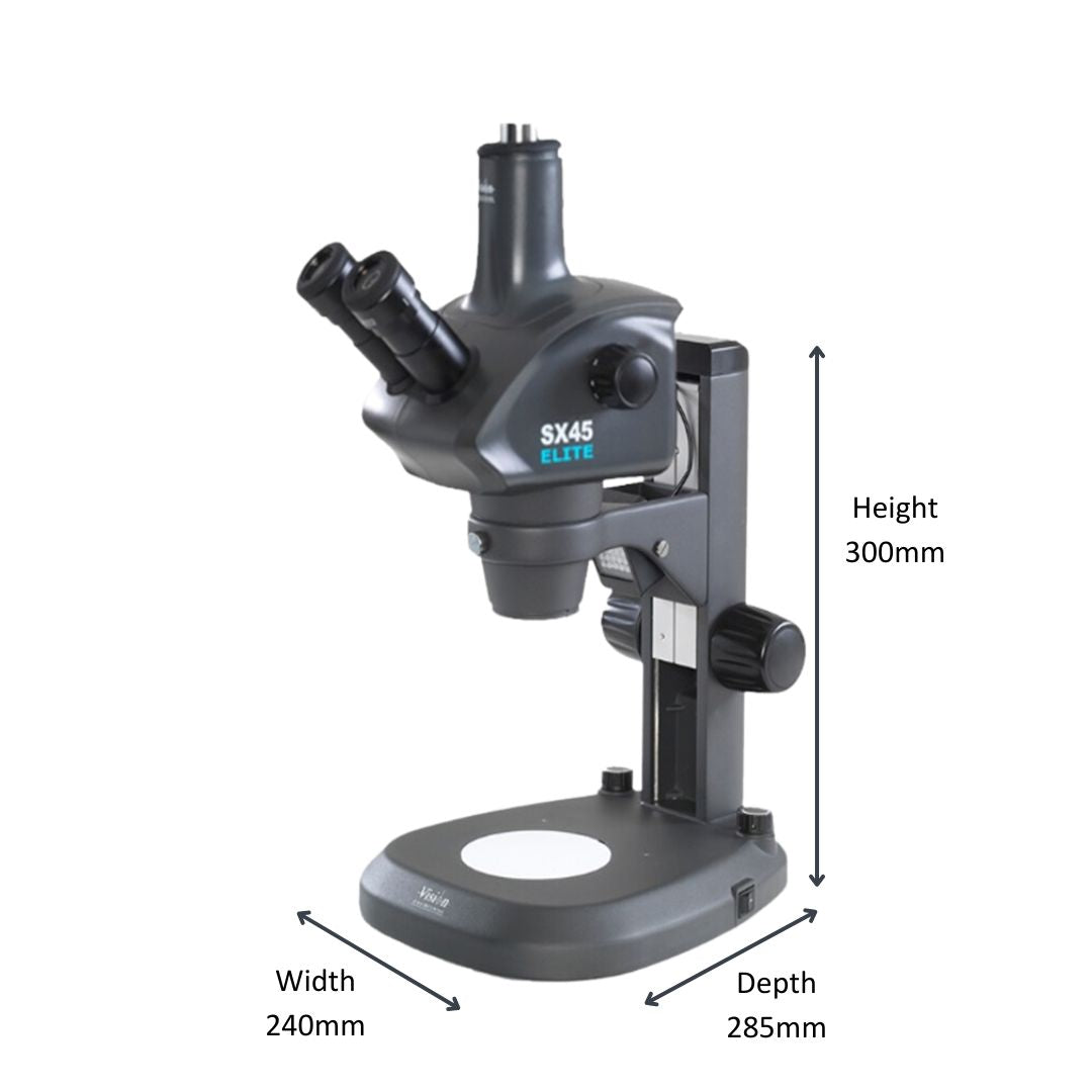 SX45 Elite trinocular stereo microscope on bench stand showing dimensions
