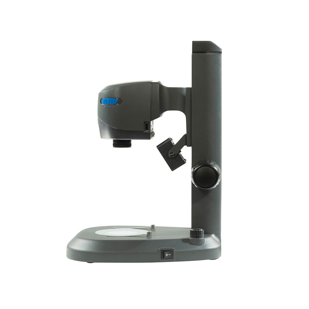 Side profile of VE Cam 50 digital microscope on bench stand with substage illumination