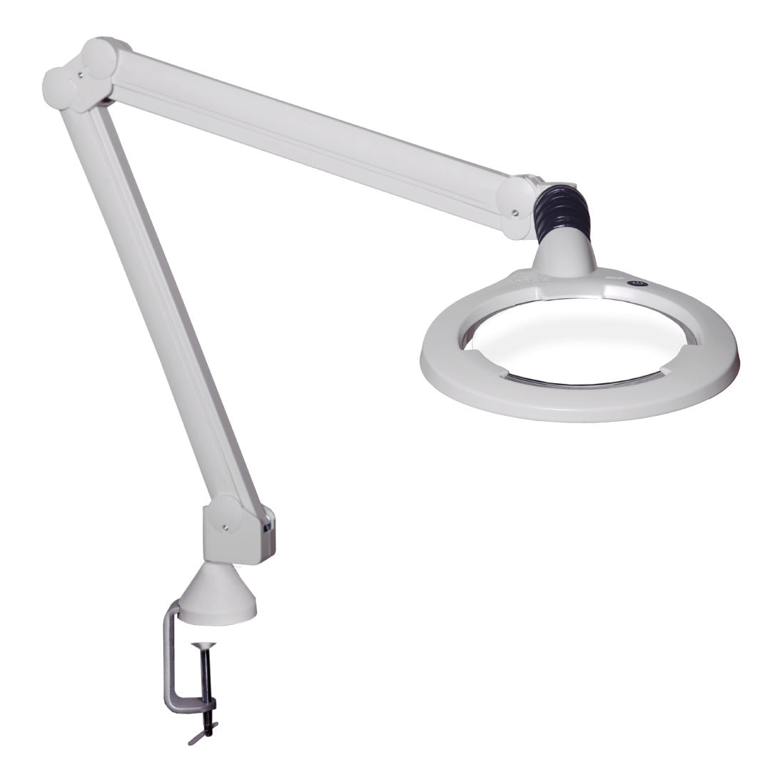 An adjustable LED bench magnifier with a fully enclosed neck and an internal spring-balanced arm.