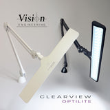 Two Clearview OPTILITE LED task lamps, one black, one white side by side.