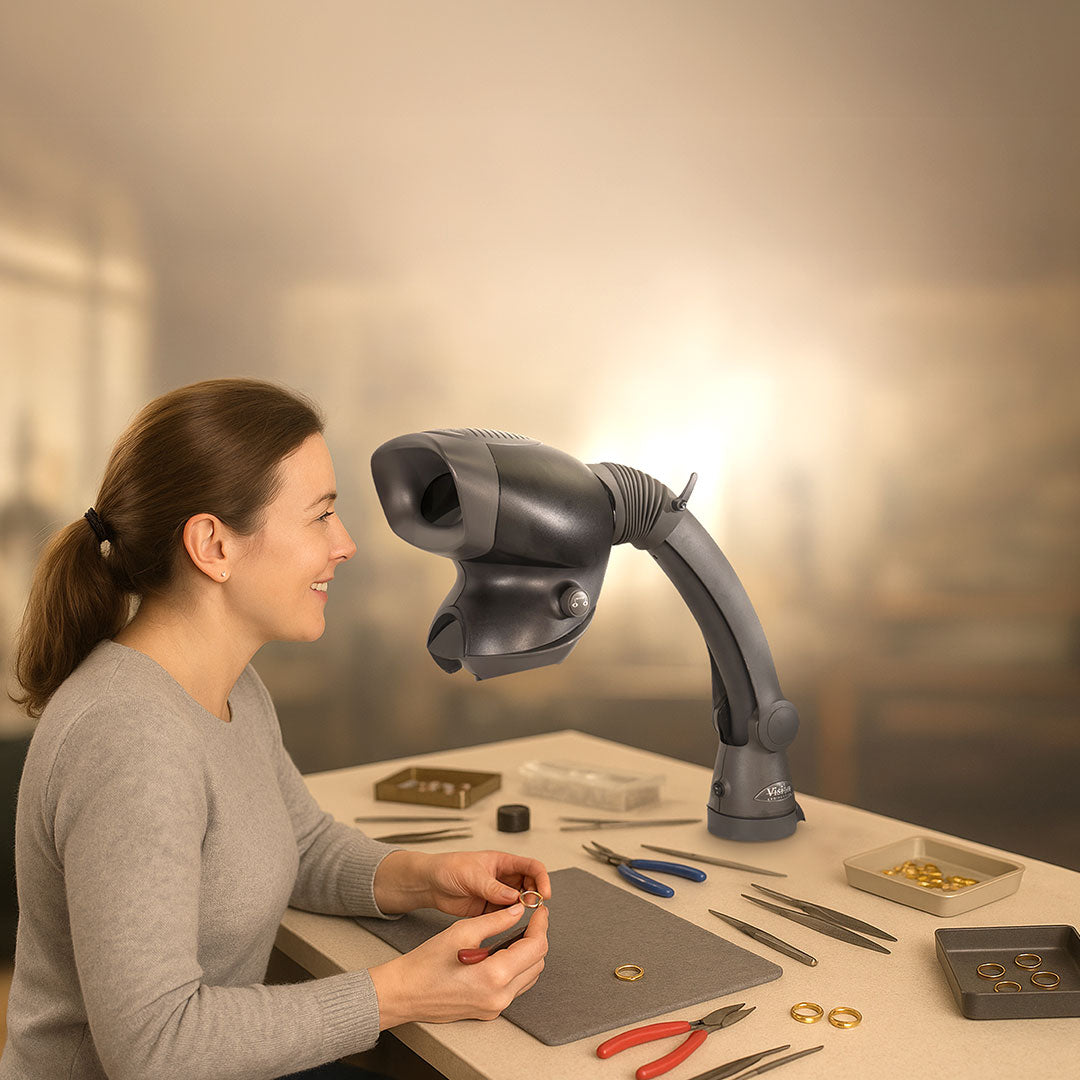 Lady using OPTA stereo magnifier for jewellery making